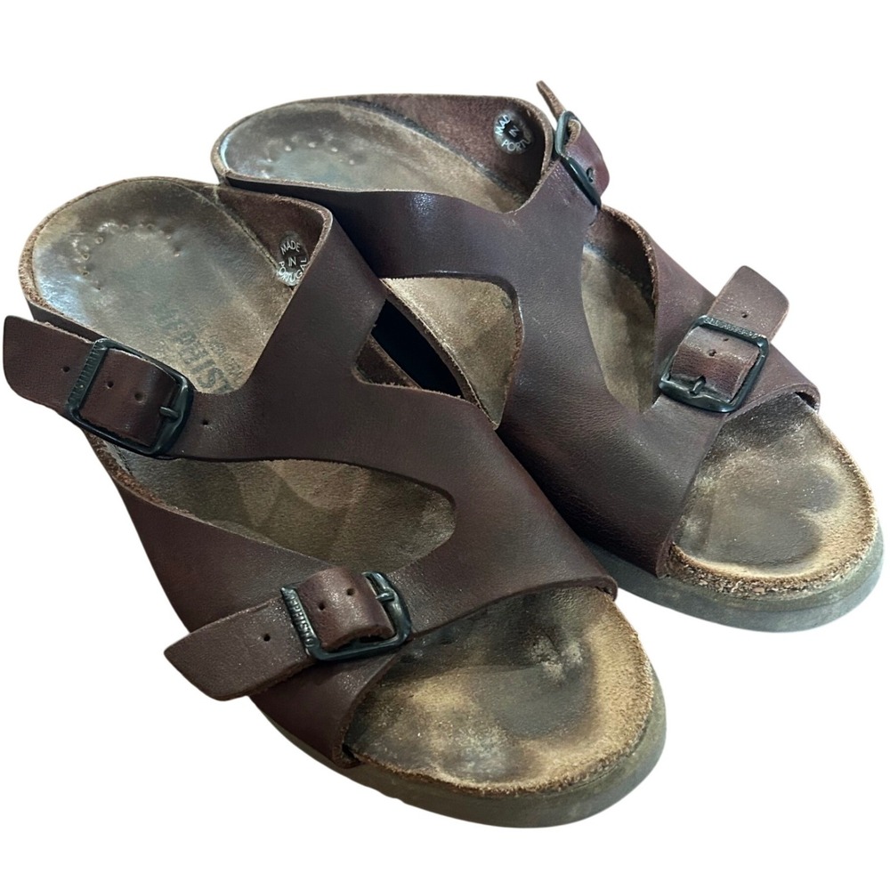 Mephisto Sandals Women Brown Leather Wedge Buckle Slide Cork Footbed 40